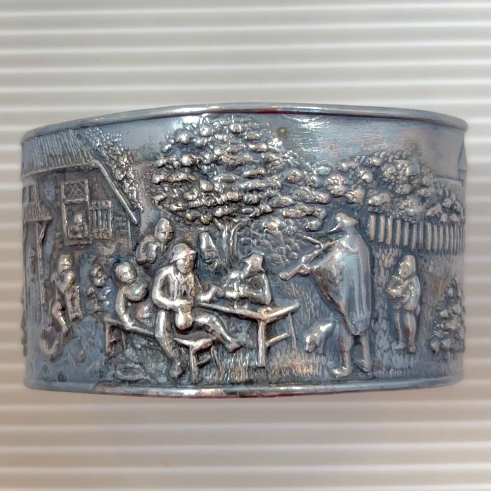 Vintage Hans Jensen Denmark Silverplate Repousse Tavern Scene Wide Cuff Bracelet